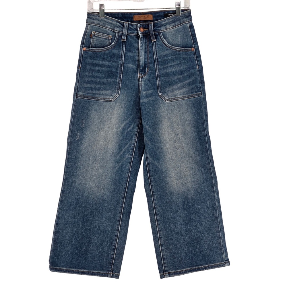 Judy Blue Women 27 / 5 Wide Crop Denim Jeans Blue Whiskering Patch‎ Pockets - Picture 2 of 5
